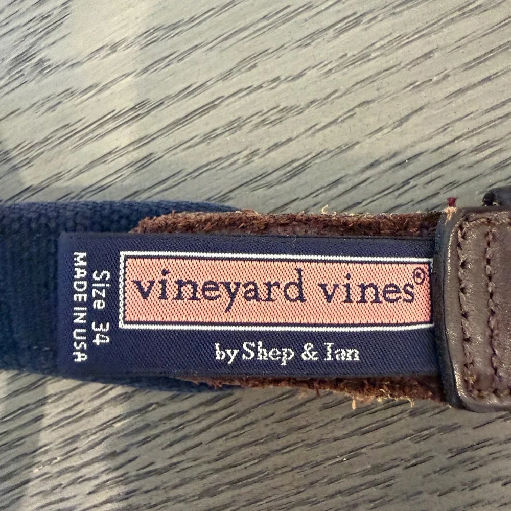 Vineyard‎ Vines Mens Navy Blue Cowboy Boot Embroidered Canvas Leather Belt Sz 34